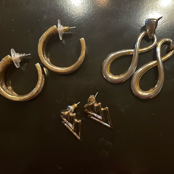 Earrings- 3 pair of gold tone earrings-hoops, long figure 8, & triangle shaped. - Picture 1 of 6